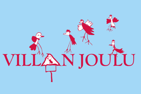 Vaaleansinisellä pohjalla punaisia piirrettyjä pikkulintuja ja Villan joulu -logo.