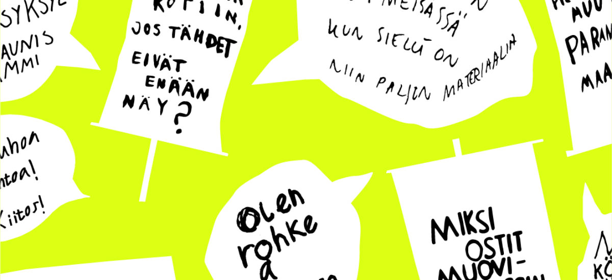 Puhekuplia lasten kantaa ottavista lauseista keltaisella taustalla.