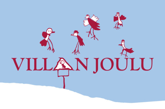 Vaaleansinisellä taustalla punainen teksti Villan joulu. Ympäeillä lasten kuvittamia lintuja