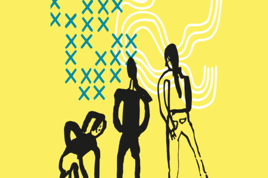 Kesäkurssit 2024, keltaisella taustalla kolme mustaa piirroshahmoa, sinisiä ristipistoja muistuttavia kuvioita sekä valkoisia puunsyymäisiä muotoja